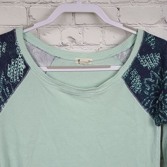 Roxy Mint Green Boho Waffle Thermal Shirt Long Sleeve Floral Print Top Medium - Picture 2 of 10